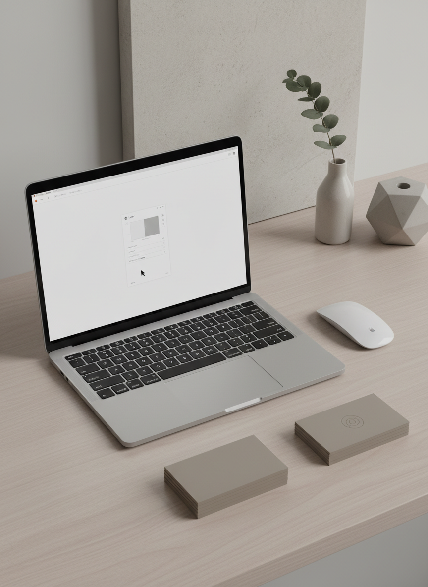 An elegant flat lay of a high-end, silver laptop open to a blank, graphically poised design app screen, accompanied by a pristine white wireless mouse and a stack of muted taupe business cards with embossed logos. All items rest on a light ash-wood surface with a matte finish, contrasted by a pale stone backdrop and soft accent decor like a geometric concrete paperweight. The scene is gently bathed in natural, overcast daylight, providing a serene, evenly lit atmosphere with gentle gradients and crisp shadow definition. The composition is organized along the rule of thirds for a sense of visual balance and clarity, rendered in photographic realism with understated corporate chic—highlighting design professionalism and refined taste without distraction.