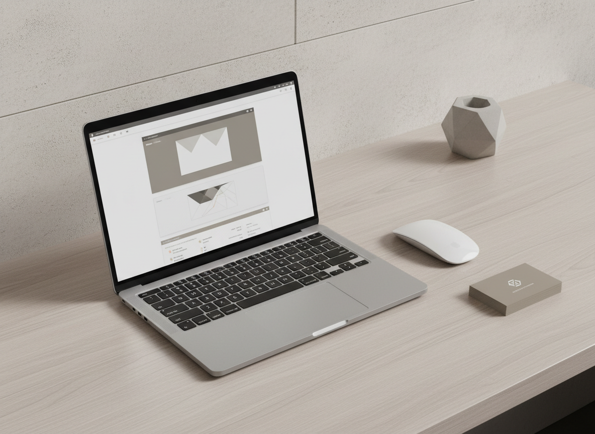 An elegant flat lay of a high-end, silver laptop open to a blank, graphically poised design app screen, accompanied by a pristine white wireless mouse and a stack of muted taupe business cards with embossed logos. All items rest on a light ash-wood surface with a matte finish, contrasted by a pale stone backdrop and soft accent decor like a geometric concrete paperweight. The scene is gently bathed in natural, overcast daylight, providing a serene, evenly lit atmosphere with gentle gradients and crisp shadow definition. The composition is organized along the rule of thirds for a sense of visual balance and clarity, rendered in photographic realism with understated corporate chic—highlighting design professionalism and refined taste without distraction.